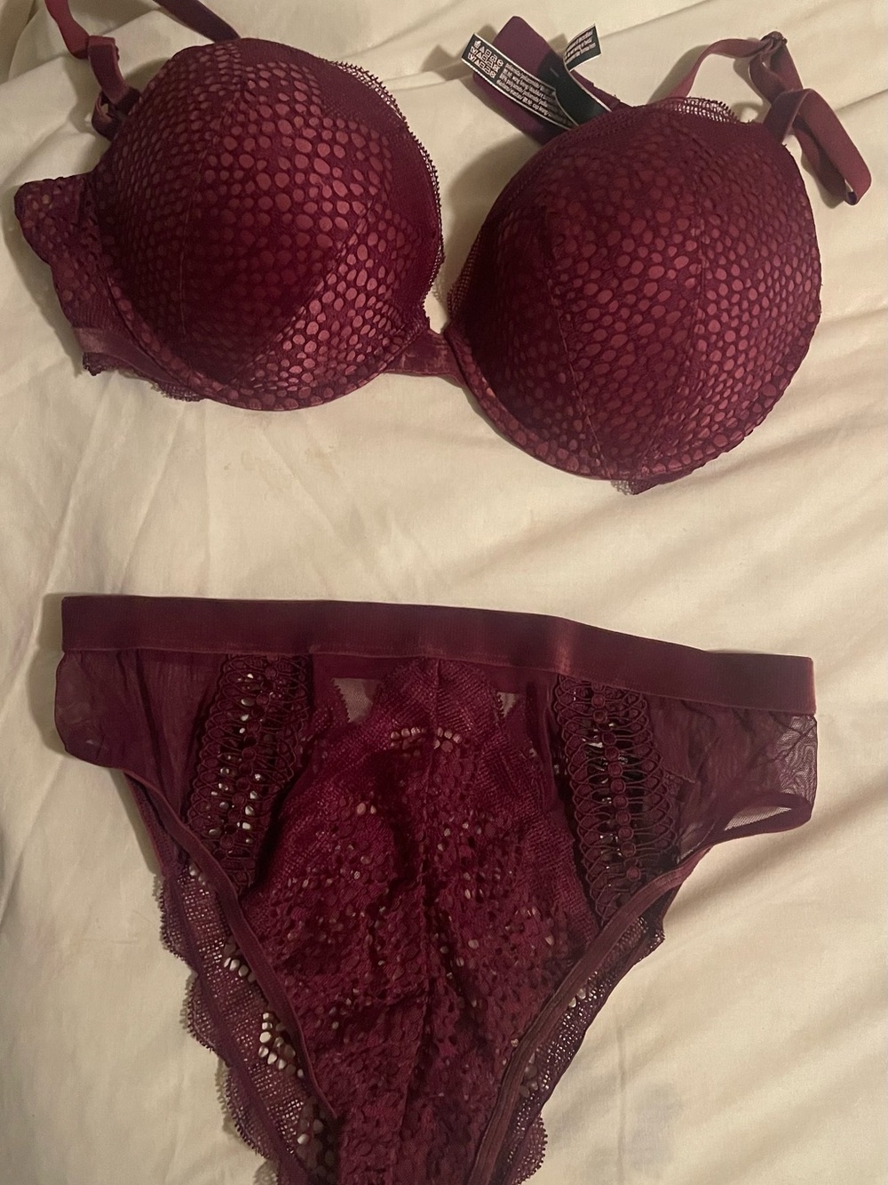 Victoria's Secret Lace Plunge Bra & Bikini Set - Burgundy